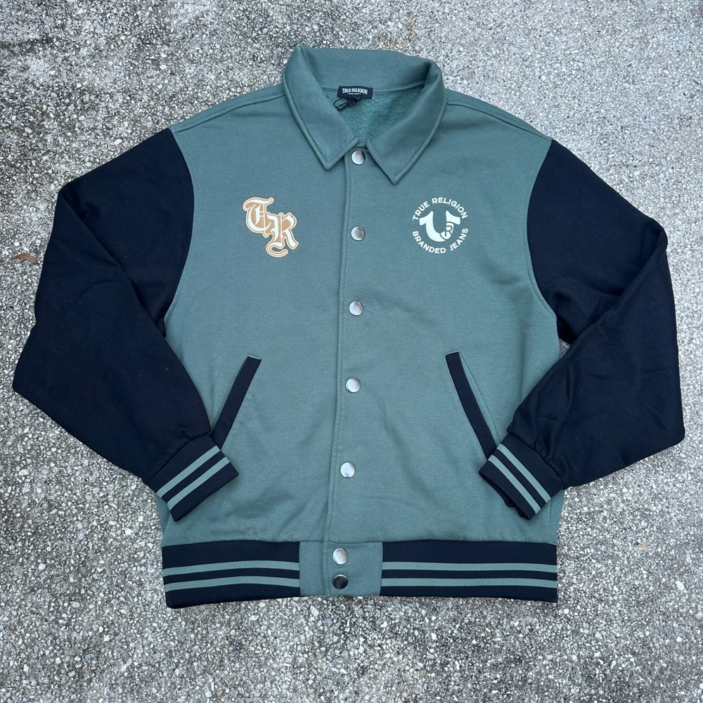 True Religion Mens Green Black Varsity Jacket Buddha Graphic Fleece Bomber L